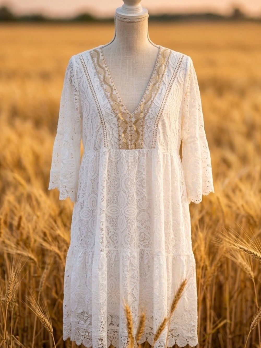 Tempo Paris White Lace V-Neck Boho Dress with Gold Trim